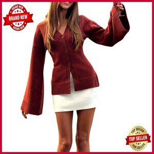 Long Bell Sleeve Cardigan V-Neck Open Front Knit Sweater Fall Clothes